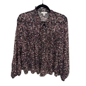 TOPSHOP Womens Black Floral Print Long Sleeve Ruffle Neck Tie Blouse Top Size 6